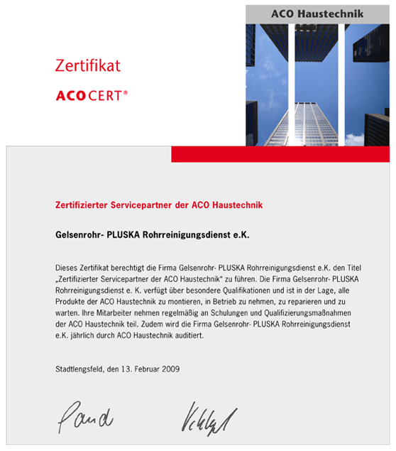 Zertifikat: Zertifizierter Servicepartner der ACO Haustechnik